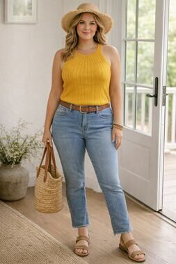 Rue and Willow Linen Blend Knit Halter Top M Marigold Yellow Coastal Cottage